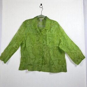 Bamboo Traders Blouse Woman 1X Green Floral Burnout Sheer Button Down Flax Blend